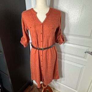 ModCloth Burnt Orange Button Down Winter Dress with Belt